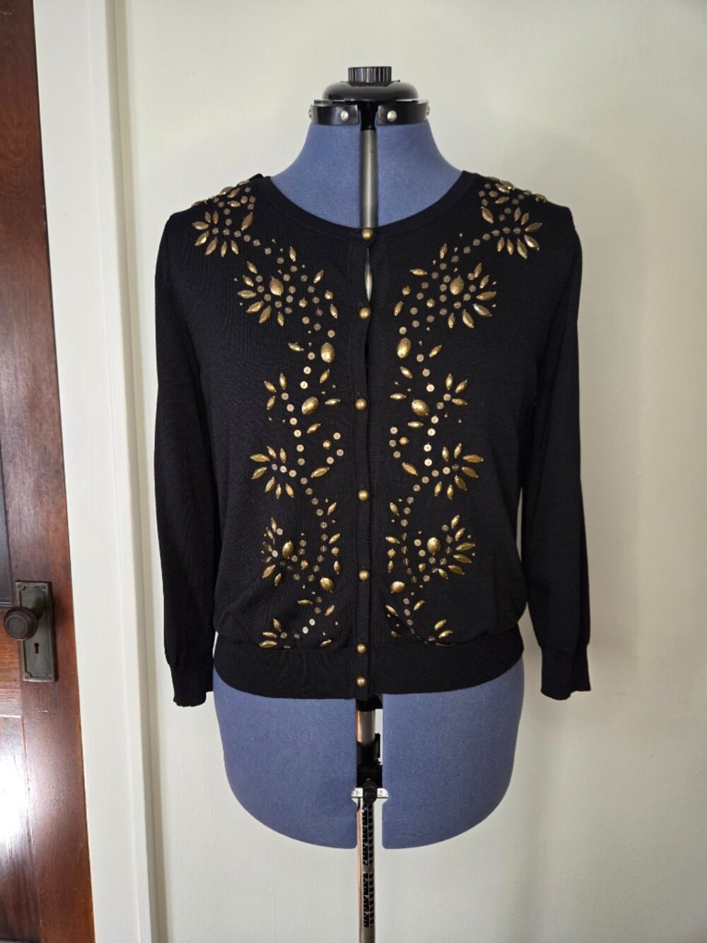 Vintage 80’s Alfani Black Crew Neck Long Sleeve Cardigan with Brass Beading